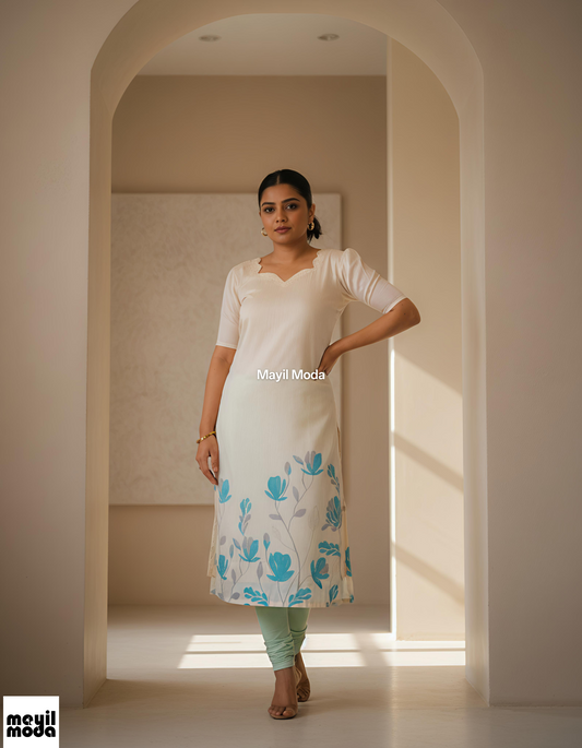 Elegant Cream and Blue Floral Print Straight-Cut Kurti Full image 2