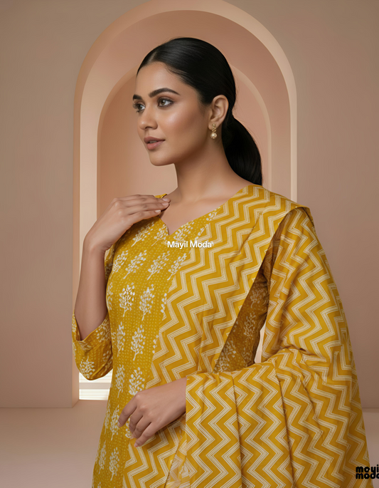 Mustard Yellow Block Print Cotton Kurti Set with Dupatta neck image