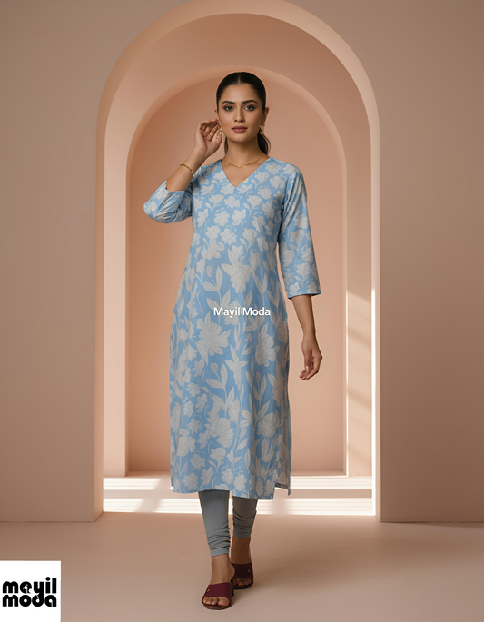 Sky Blue & White Floral Print Sleeve Kurti full image 2