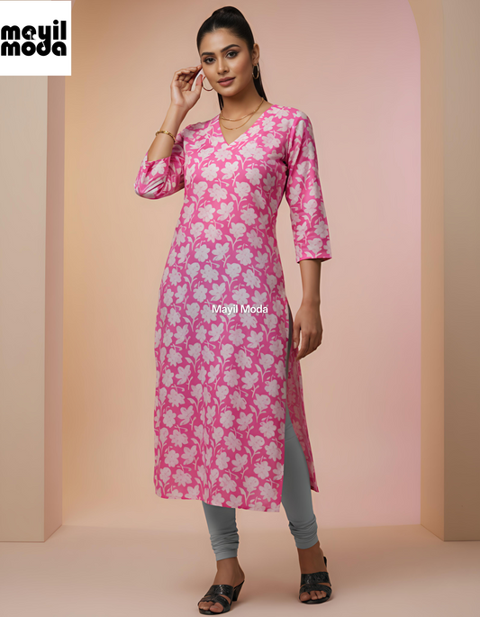 Vibrant Pink Floral Print Sleeve Kurti full image 2