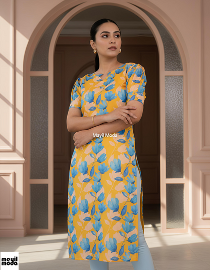 Bright Yellow Summer Floral Print Straight-Cut Kurti full image 2