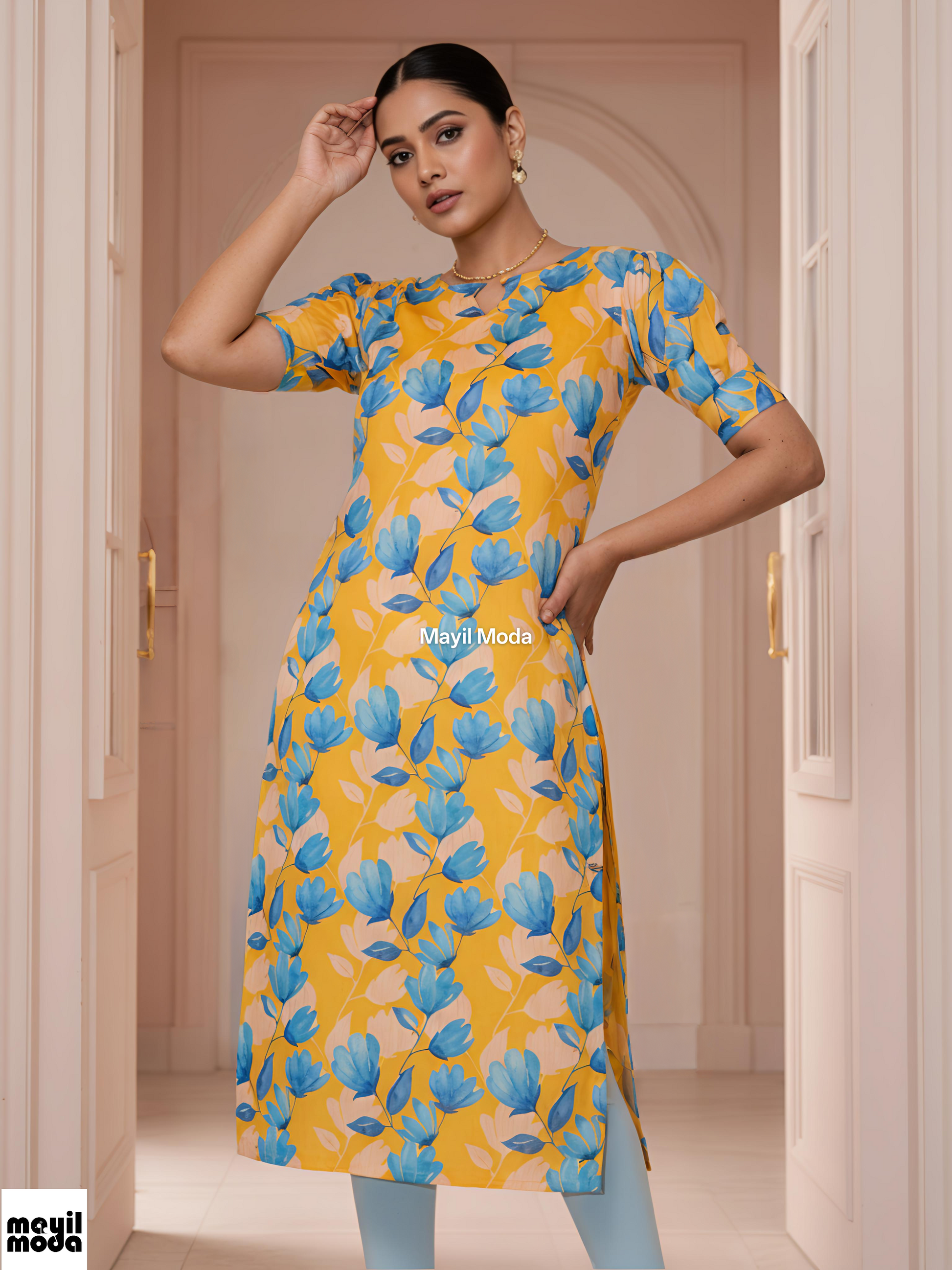 Bright Yellow Summer Floral Print Straight-Cut Kurti full image