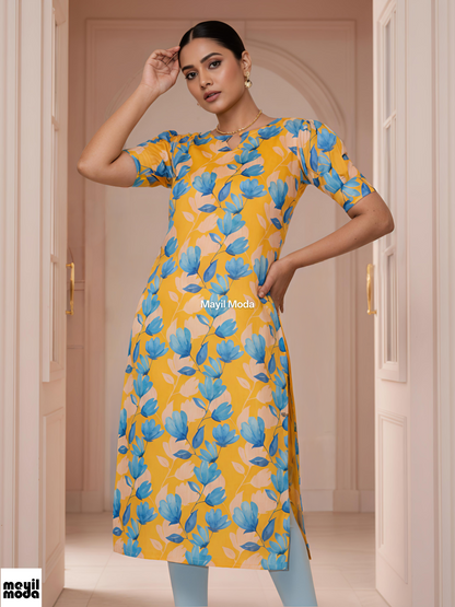 Bright Yellow Summer Floral Print Straight-Cut Kurti full image
