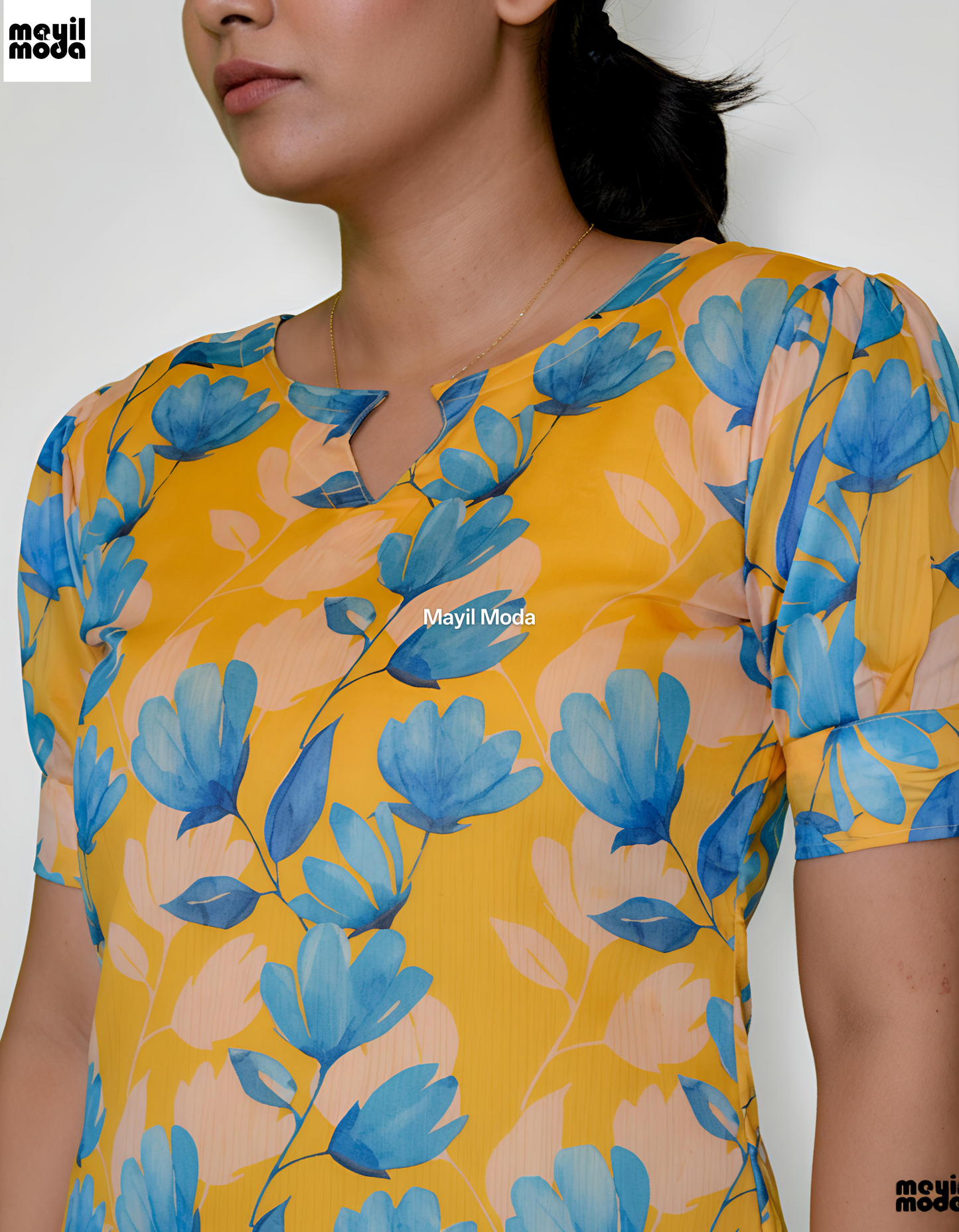 Bright Yellow Summer Floral Print Straight-Cut Kurti neck image