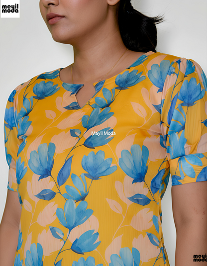 Bright Yellow Summer Floral Print Straight-Cut Kurti neck image