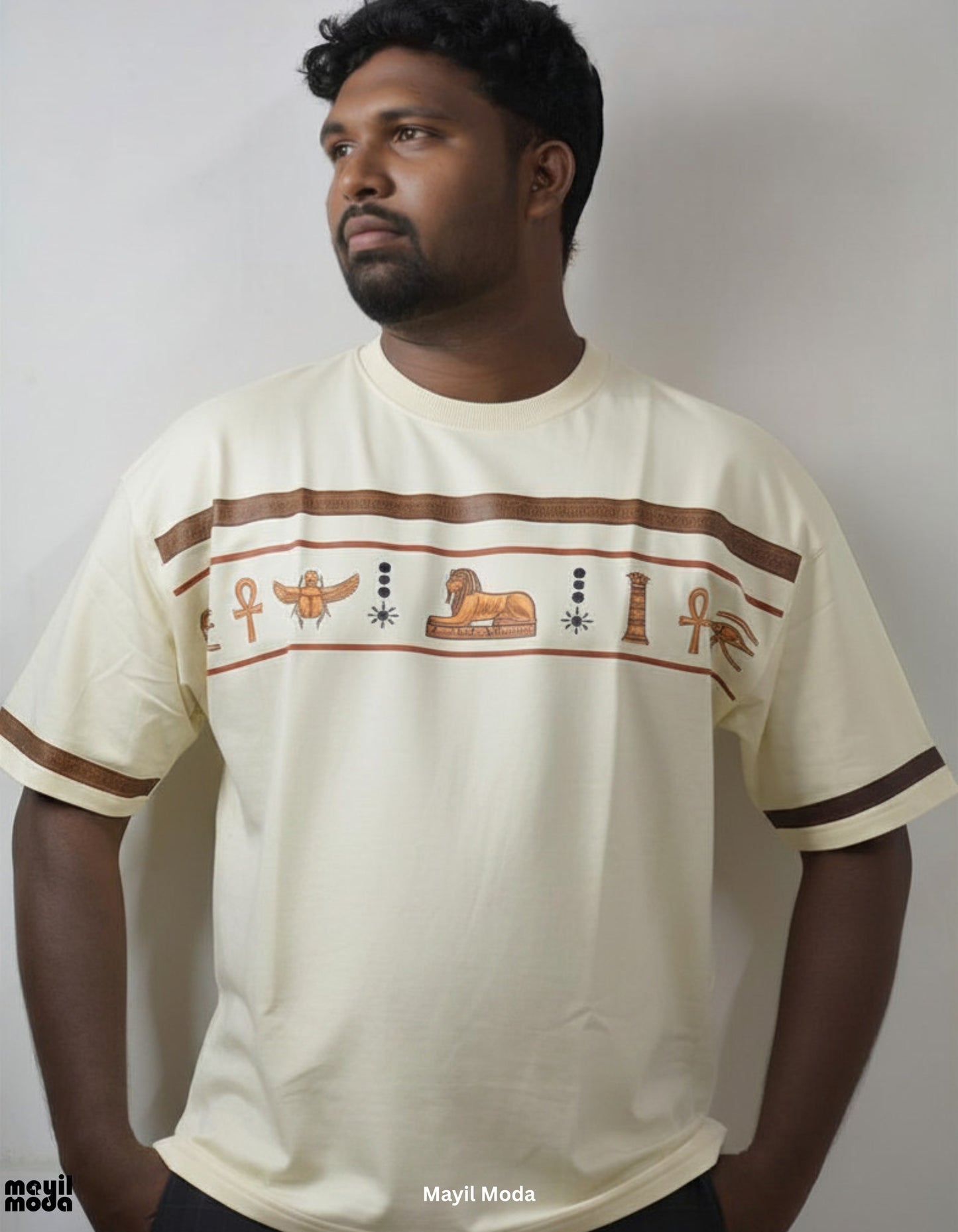 Egyptian Sphinx & Ankh Regular Fit T-Shirt – Cream 240 GSM French Terry | Mayil Moda