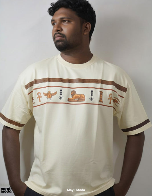Egyptian Sphinx & Ankh Regular Fit T-Shirt – Cream 240 GSM French Terry | Mayil Moda