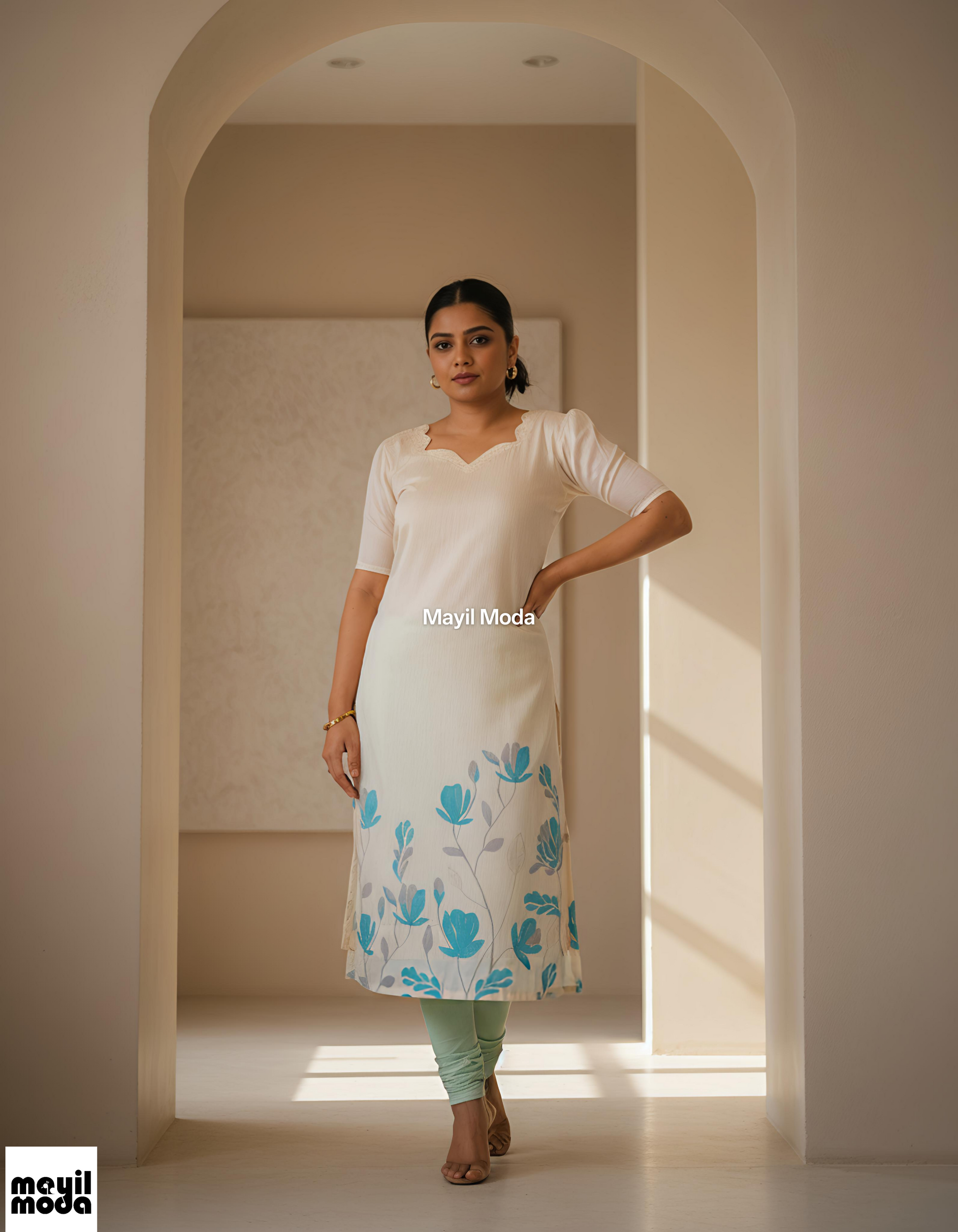 Elegant Cream and Blue Floral Print Straight-Cut Kurti Full image 2