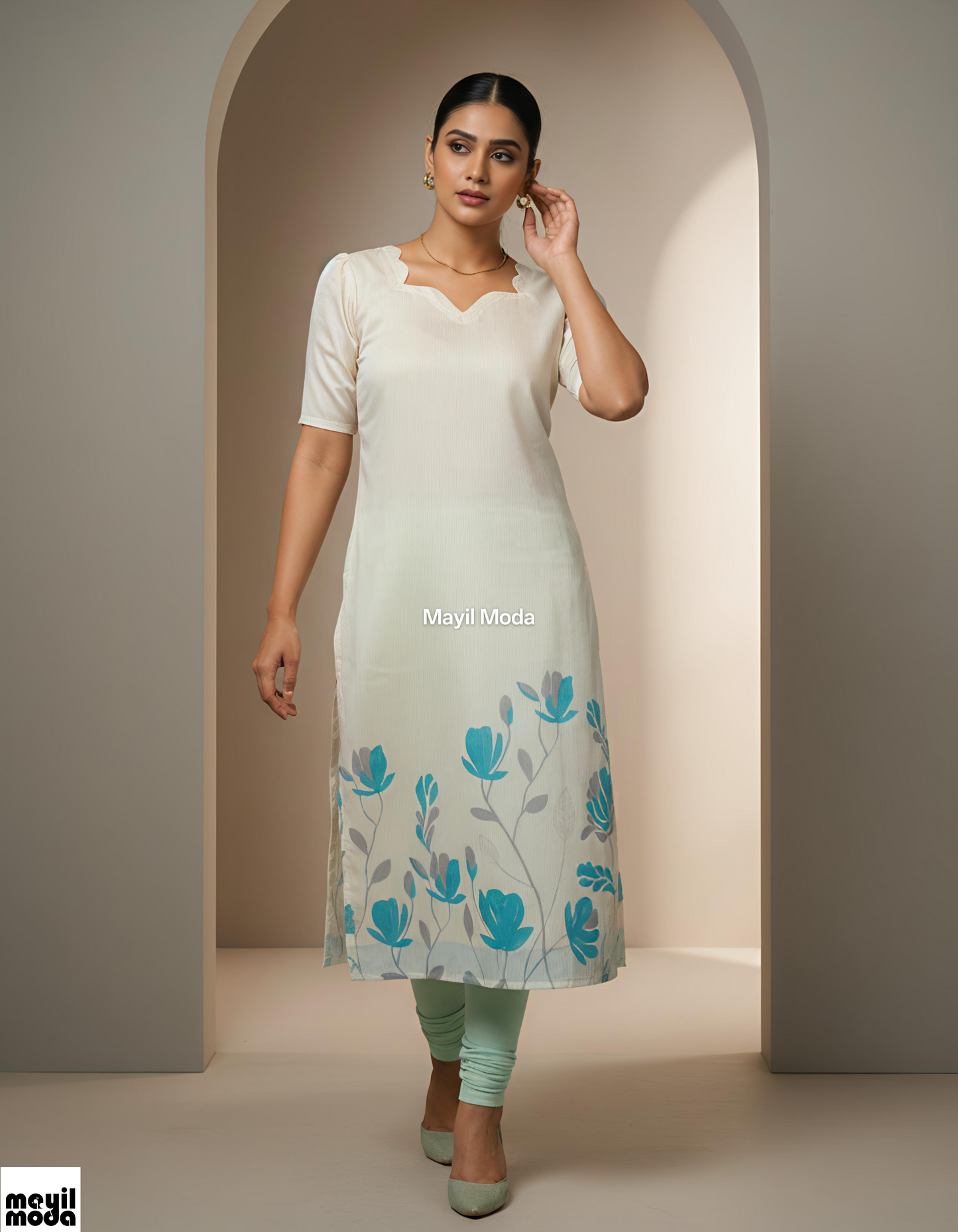 Elegant Cream and Blue Floral Print Straight-Cut Kurti Full image