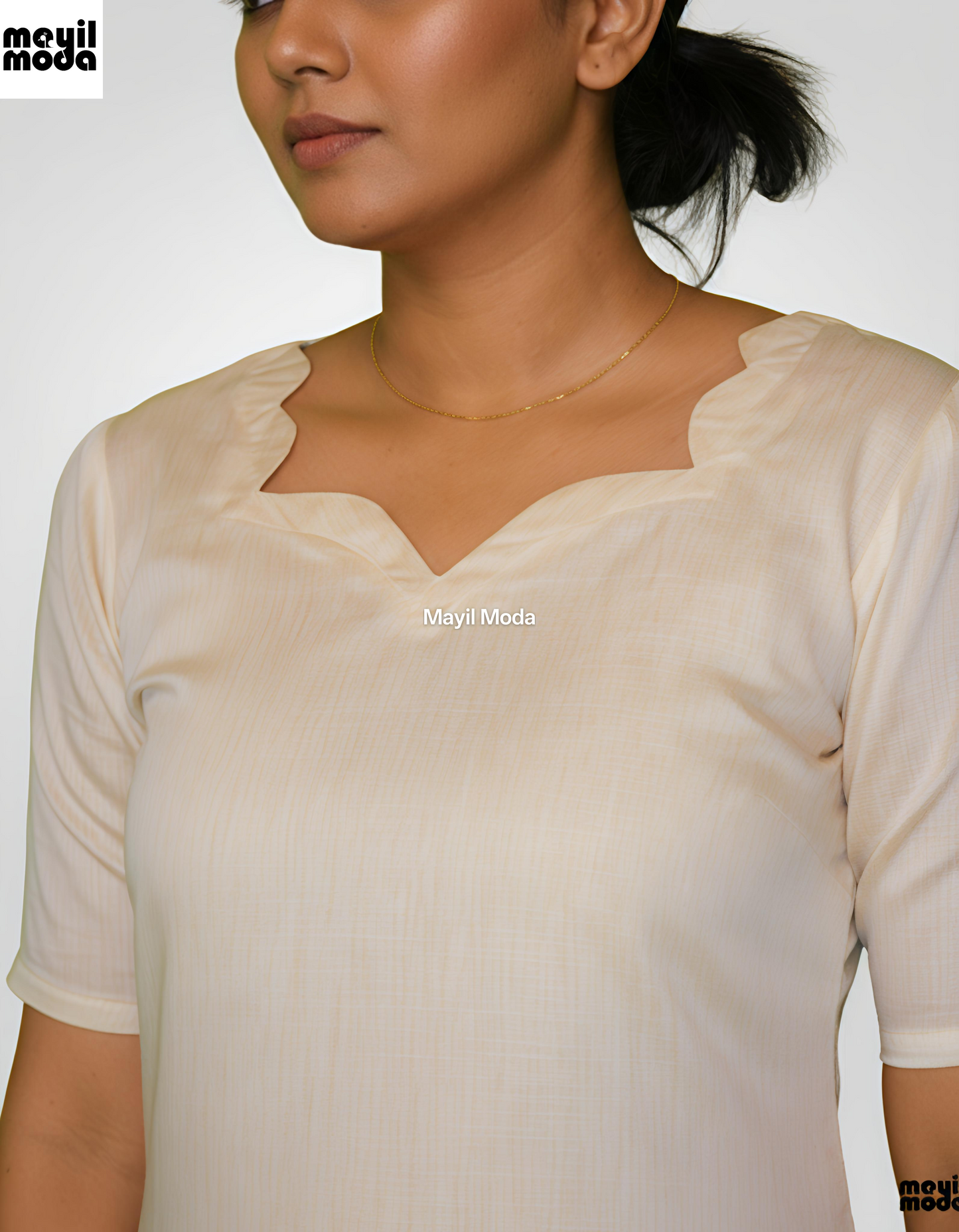 Elegant Cream and Blue Floral Print Straight-Cut Kurti Neck image