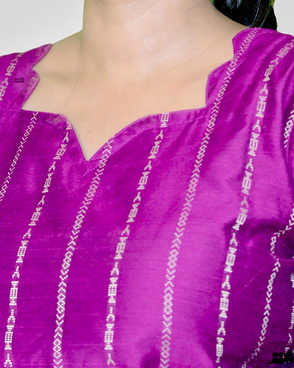 Festive Magenta Zari-Striped Kurti Co-ord Set neck image