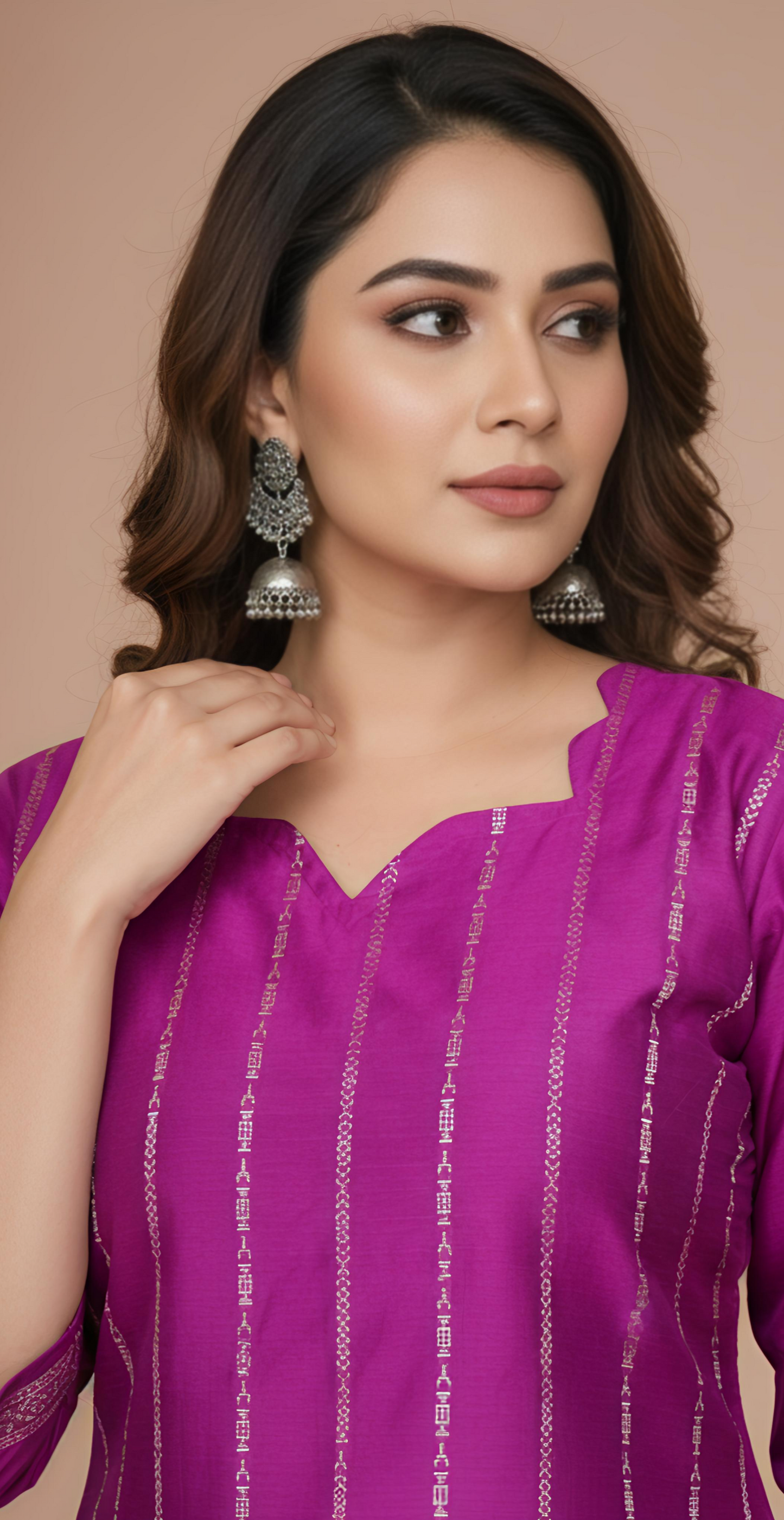 Festive Magenta Zari-Striped Kurti Co-ord Set neck image