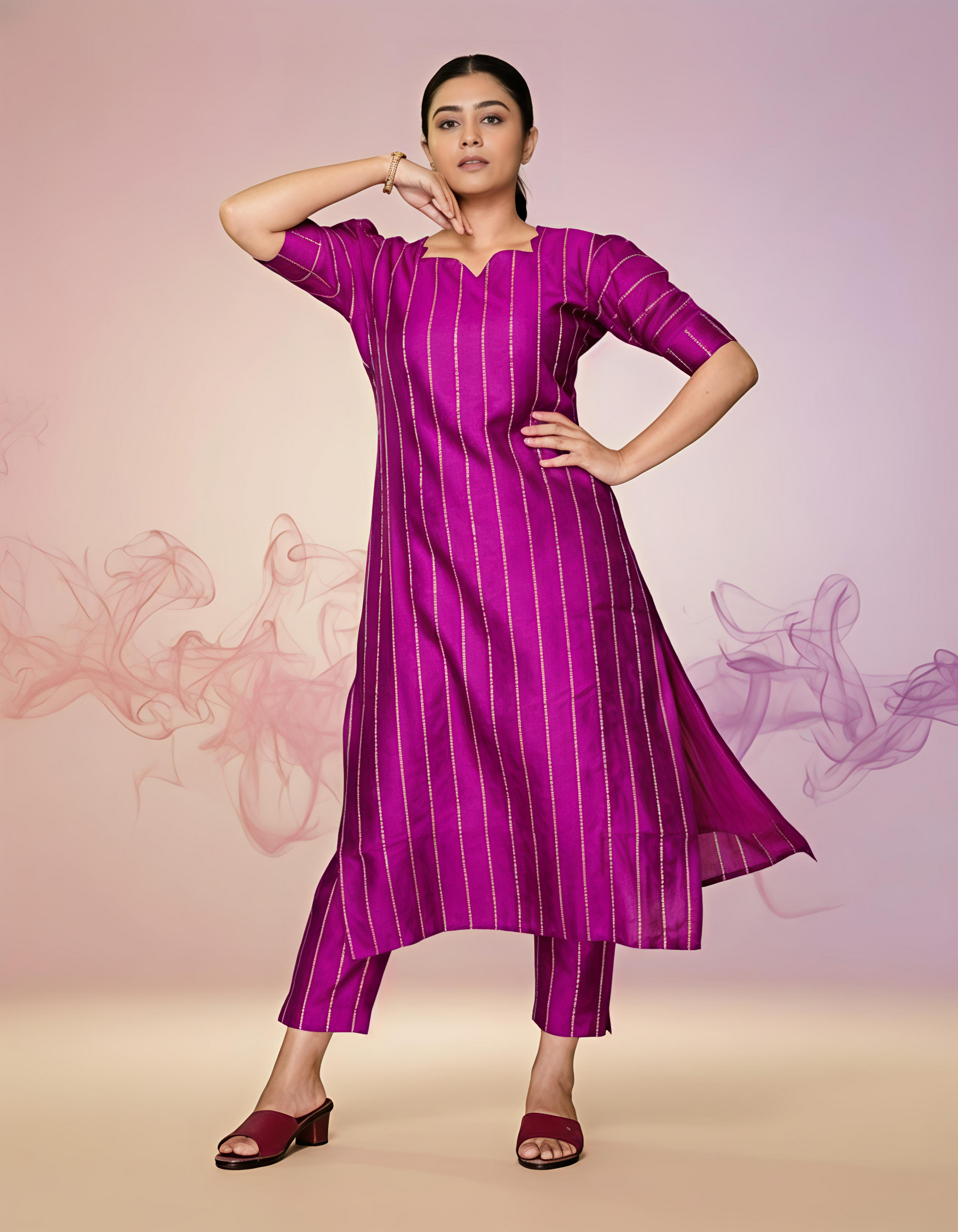 Festive Magenta Zari-Striped Kurti Co-ord Set full image