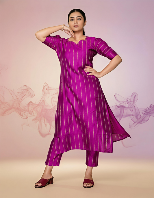 Festive Magenta Zari-Striped Kurti Co-ord Set full image
