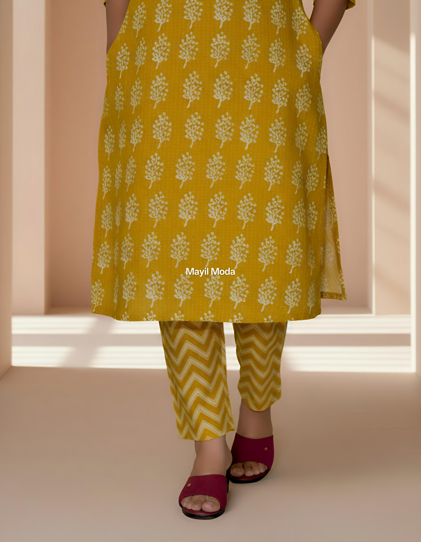 Mustard Yellow Block Print Cotton Kurti Set with Dupatta bottom image