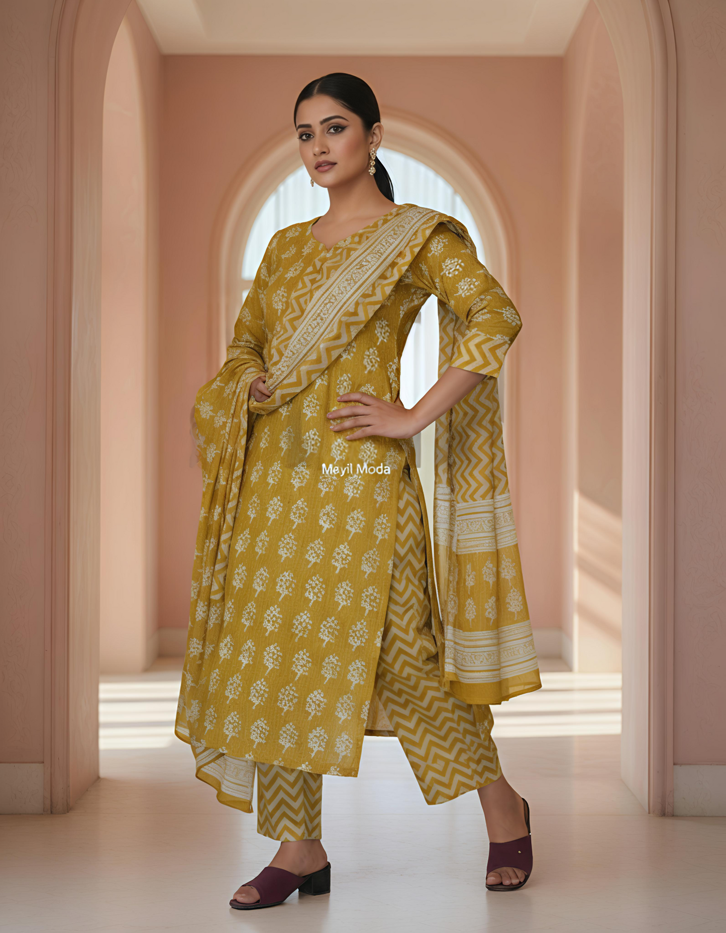 Mustard Yellow Block Print Cotton Kurti Set with Dupatta full image 2