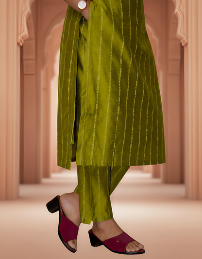 Olive Green Zari-Striped Kurti Co-ord Set bottom image