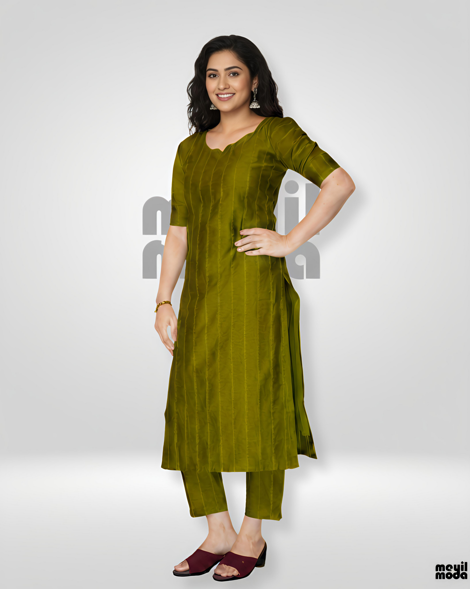 Olive Green Zari-Striped Kurti Co-ord Set full image