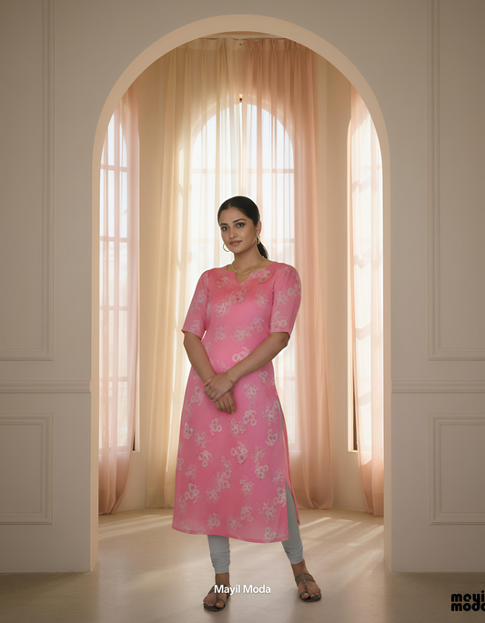 Pretty Pink Floral Print Straight-Cut Kurti full image 2