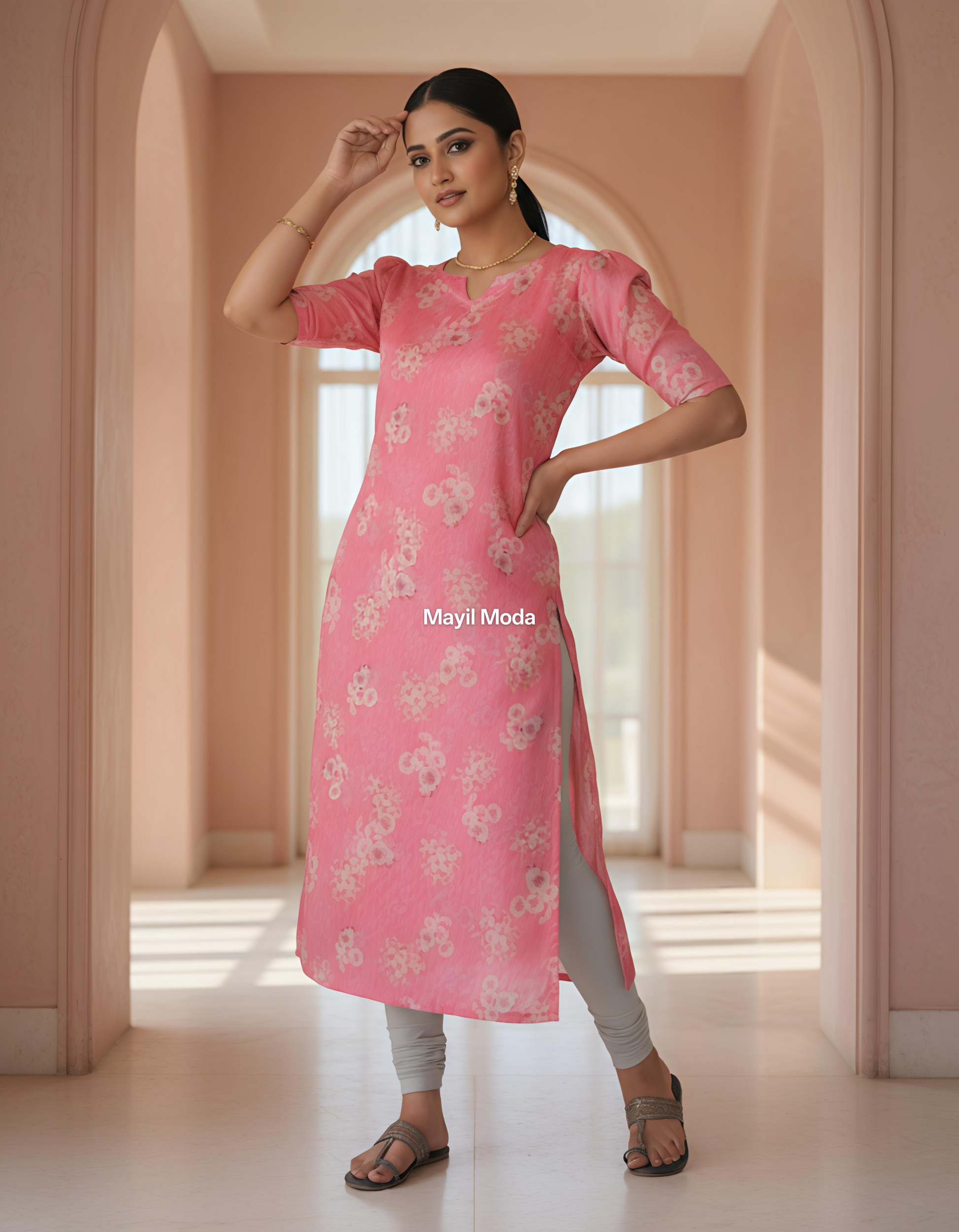 Pretty Pink Floral Print Straight-Cut Kurti full image