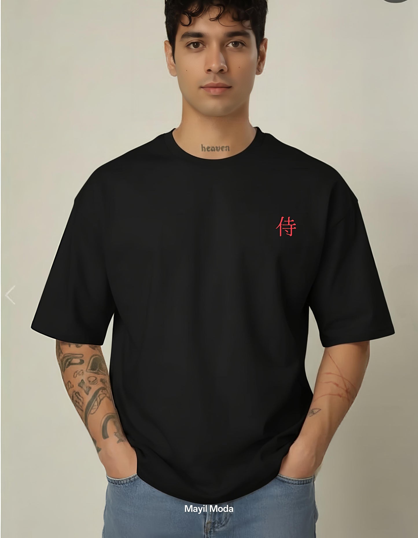 Men’s Samurai Japanese Text T-Shirt – 240 GSM Oversized French Terry Cotton T-Shirt