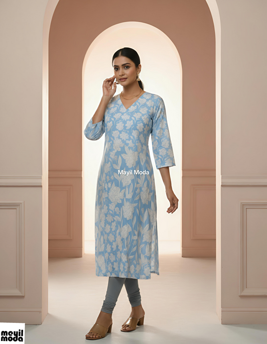 Sky Blue & White Floral Print Sleeve Kurti full image
