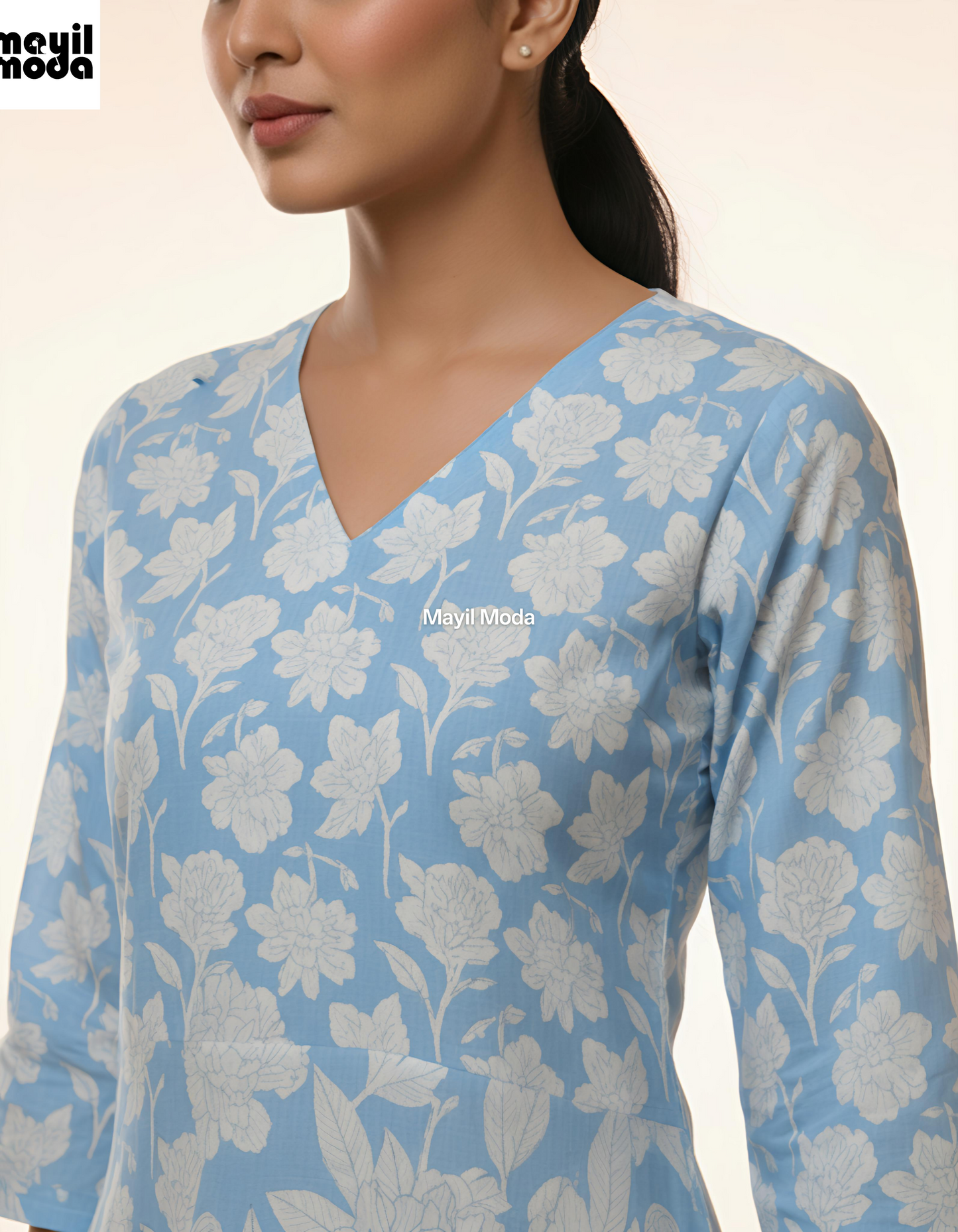 Sky Blue & White Floral Print Sleeve Kurti neck image
