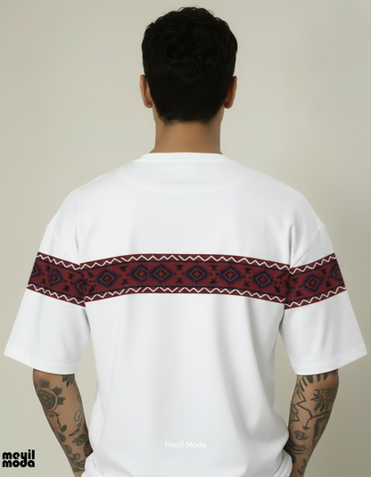 The Crimson Nomad: Deep Red Tribal Panel Oversized T-Shirt