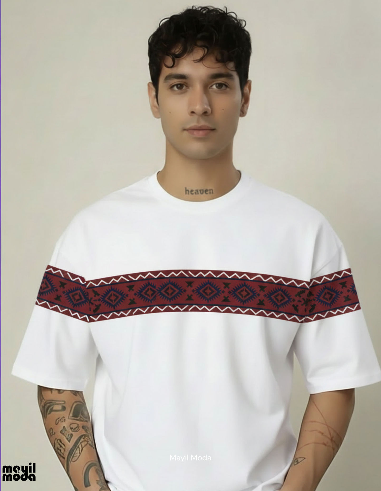 The Crimson Nomad: Deep Red Tribal Panel Oversized T-Shirt