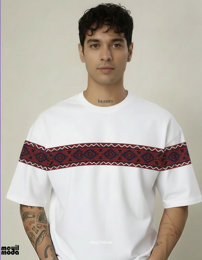 The Crimson Nomad: Deep Red Tribal Panel Oversized T-Shirt