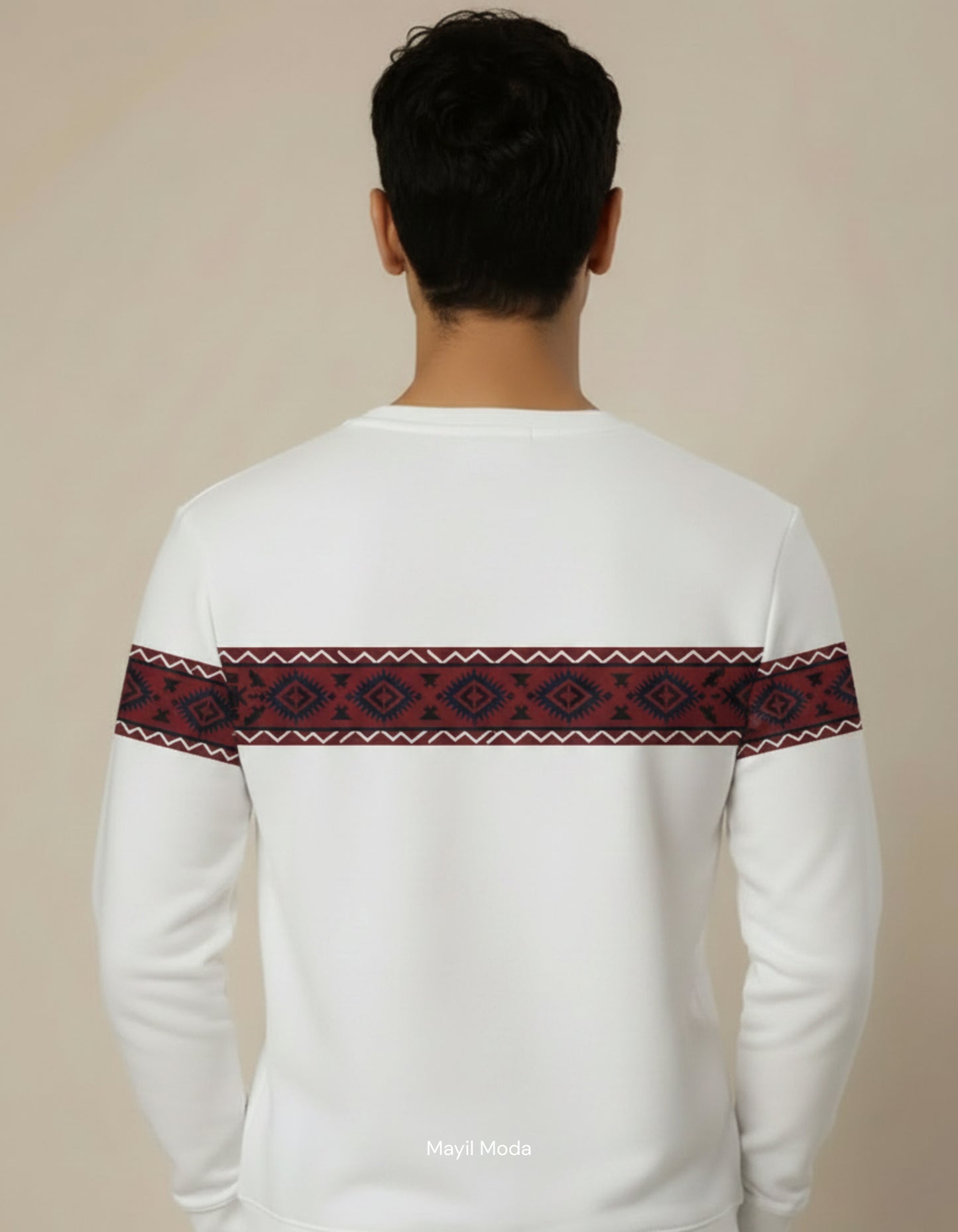 The Crimson Nomad: Deep Red Tribal Panel White Sweatshirt