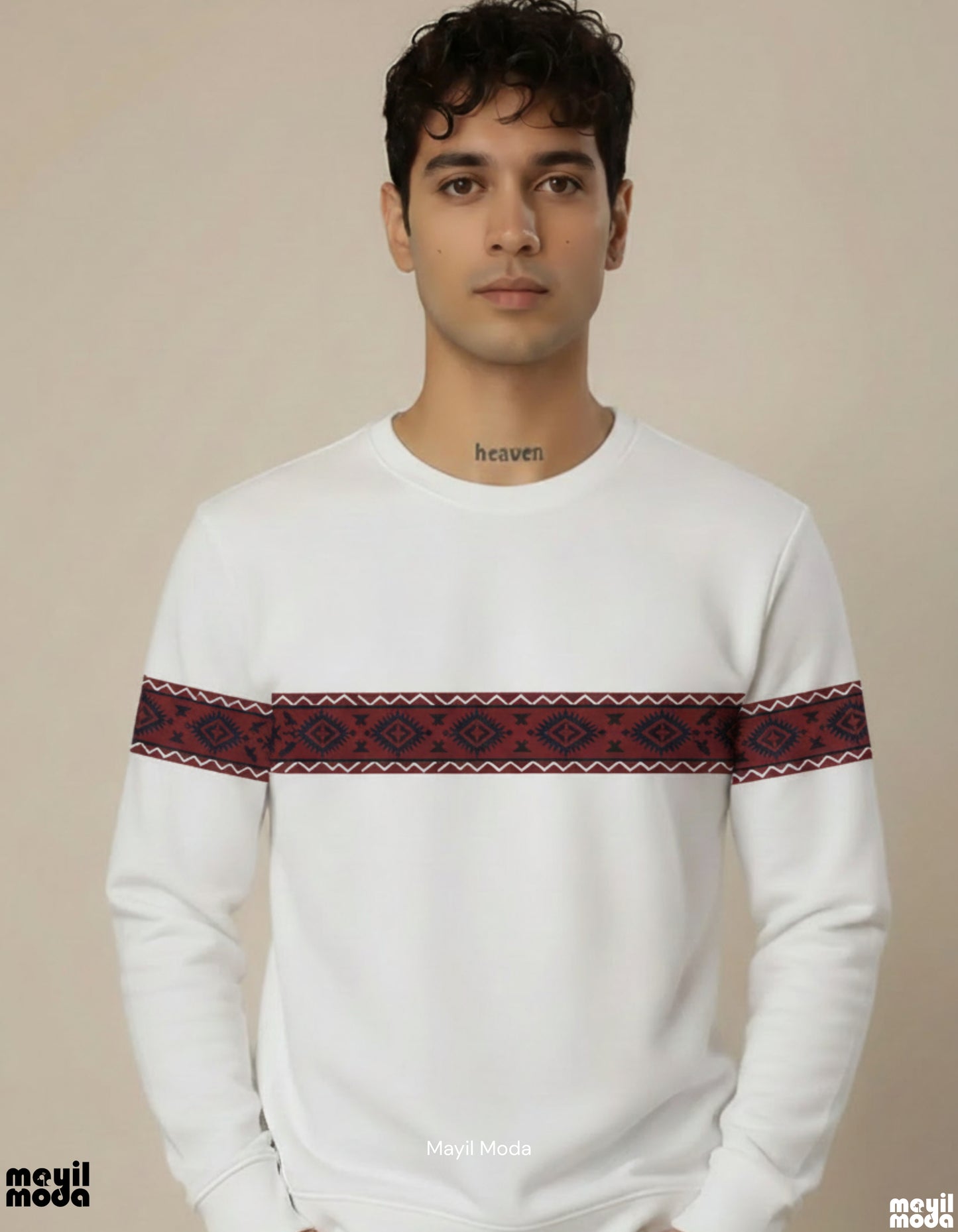 The Crimson Nomad: Deep Red Tribal Panel White Sweatshirt