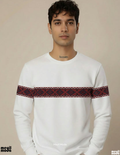 The Crimson Nomad: Deep Red Tribal Panel White Sweatshirt