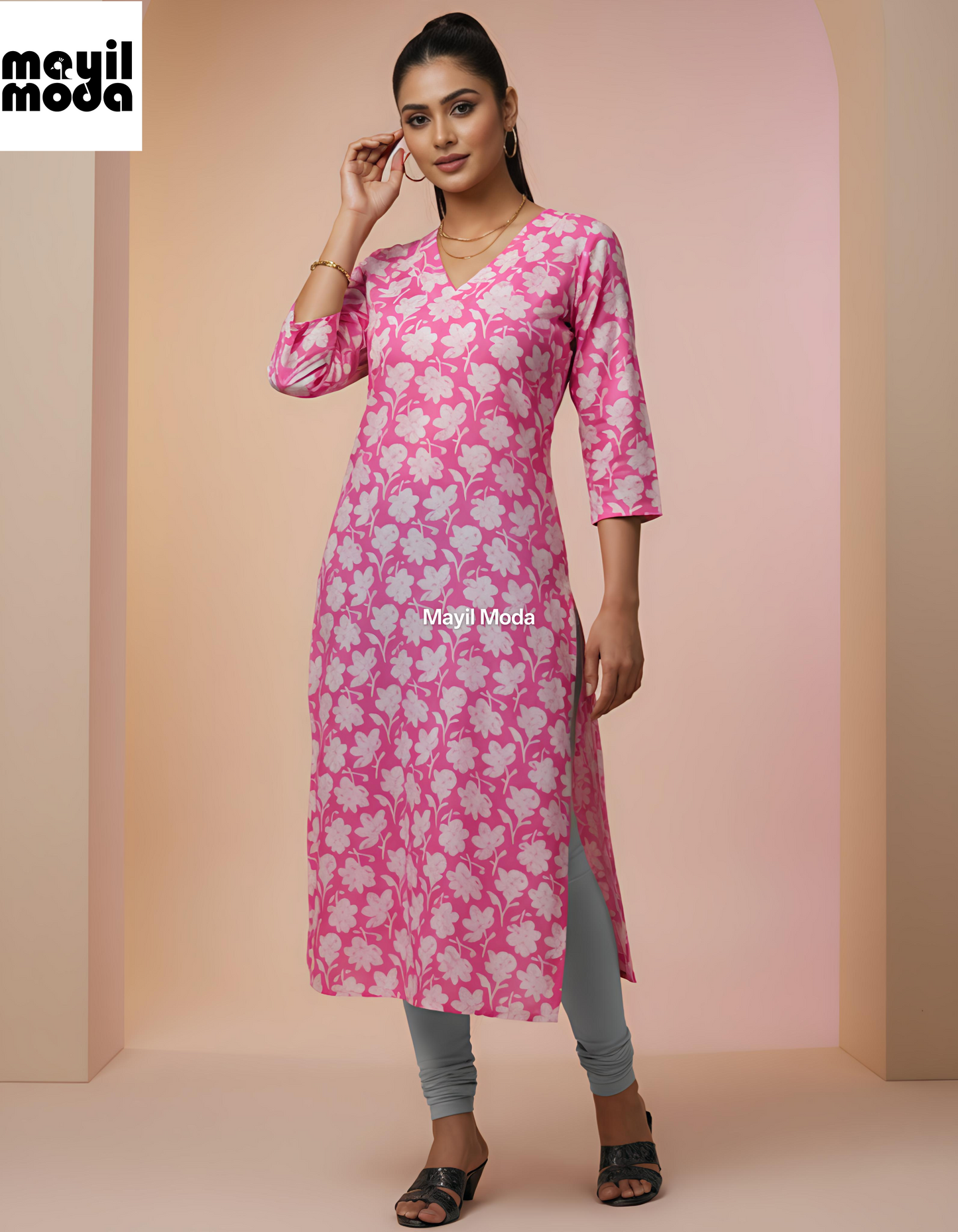 Vibrant Pink Floral Print Sleeve Kurti full image 2