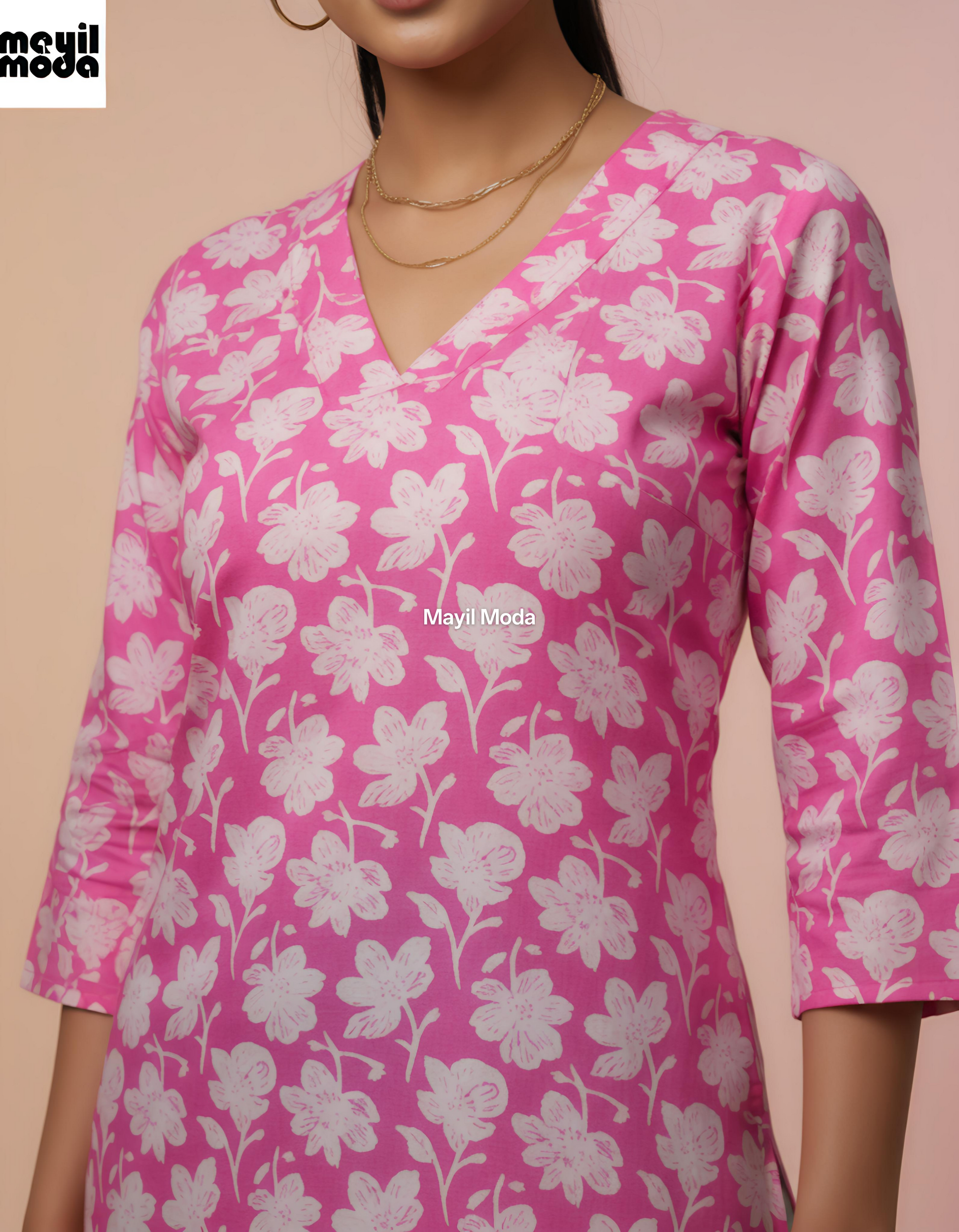 Vibrant Pink Floral Print Sleeve Kurti neck image