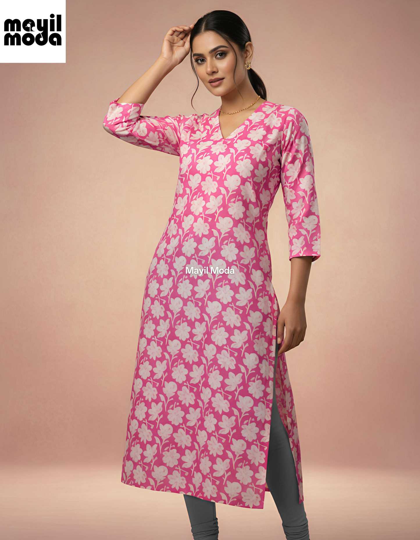 Vibrant Pink Floral Print Sleeve Kurti full image 
