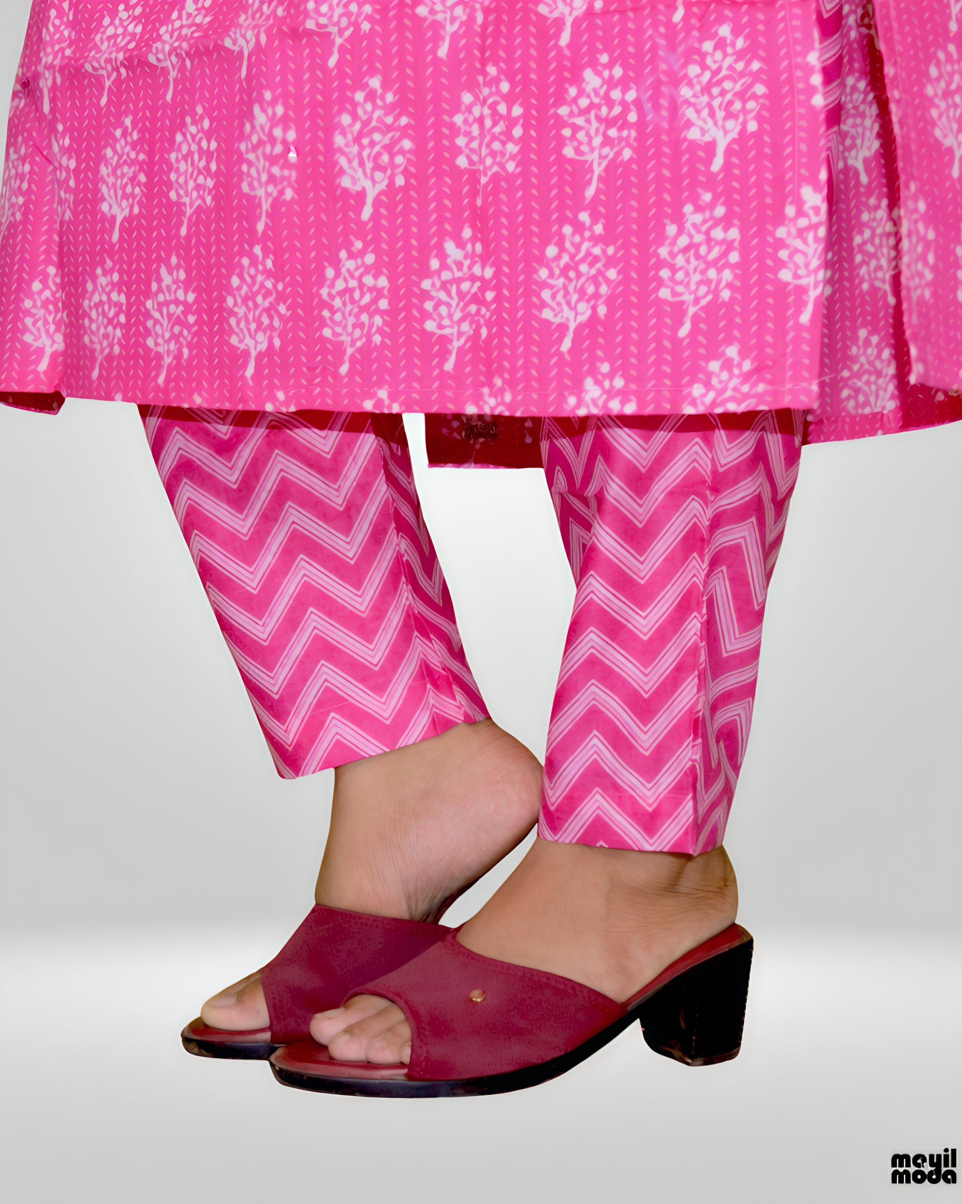Vibrant Pink Geometric & Floral Print Cotton Kurti Set with Dupatta bottom image
