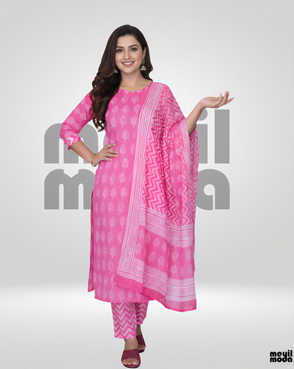 Vibrant Pink Geometric & Floral Print Cotton Kurti Set with Dupatta full image