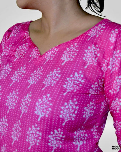 Vibrant Pink Geometric & Floral Print Cotton Kurti Set with Dupatta neck image