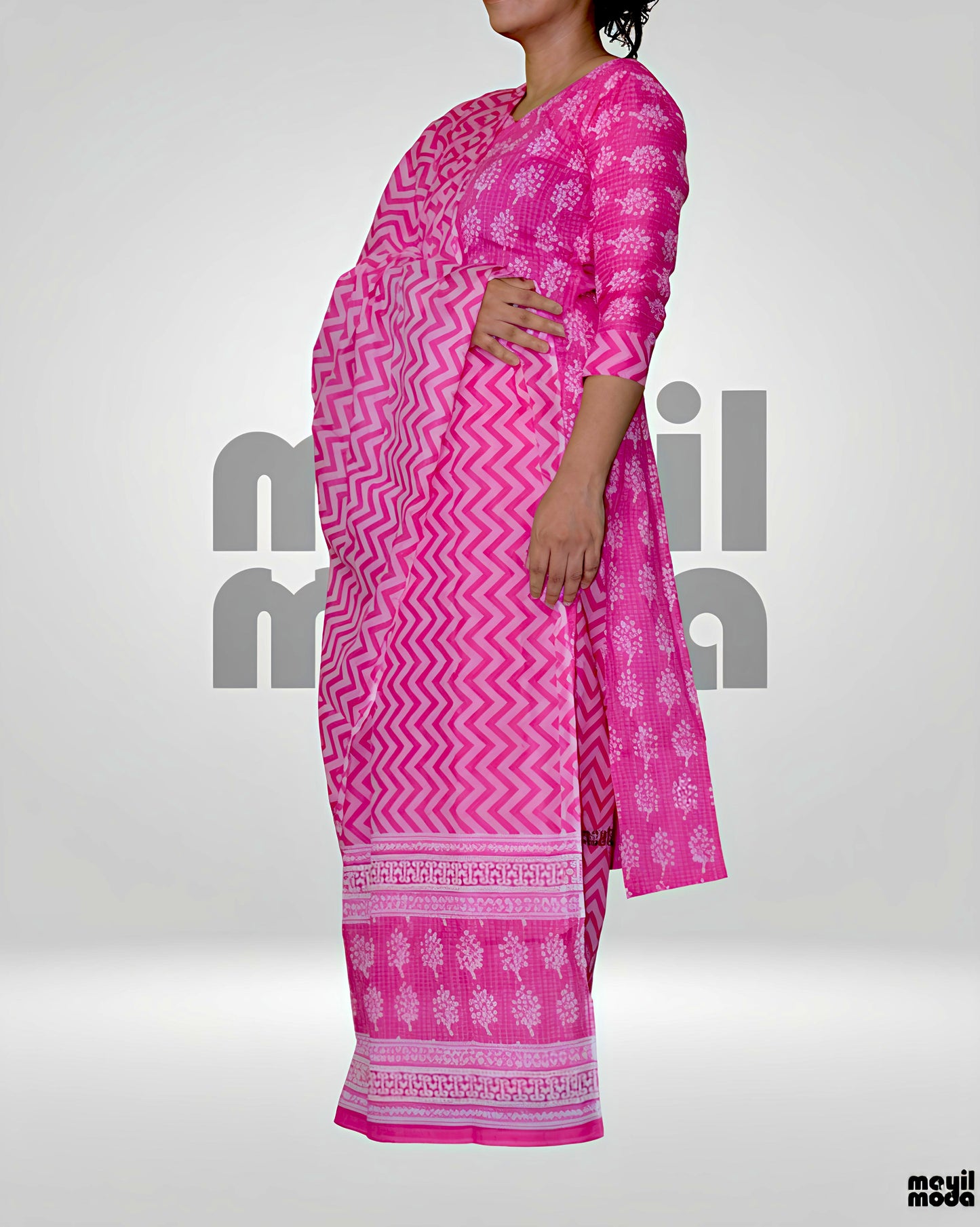 Vibrant Pink Geometric & Floral Print Cotton Kurti Set with Dupatta sleeves image