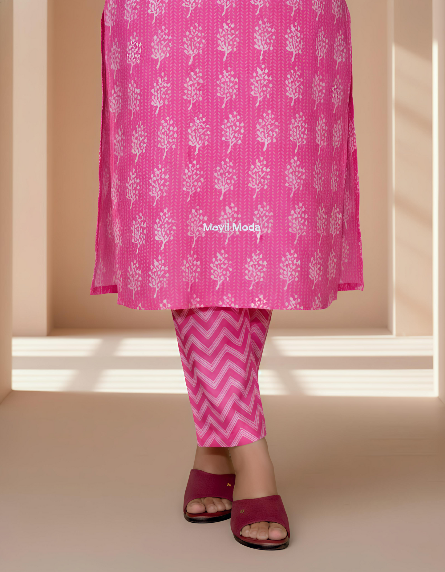 Vibrant Pink Geometric & Floral Print Cotton Kurti Set with Dupatta bottom image