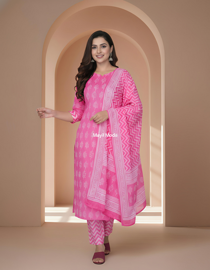 Vibrant Pink Geometric & Floral Print Cotton Kurti Set with Dupatta full image 2