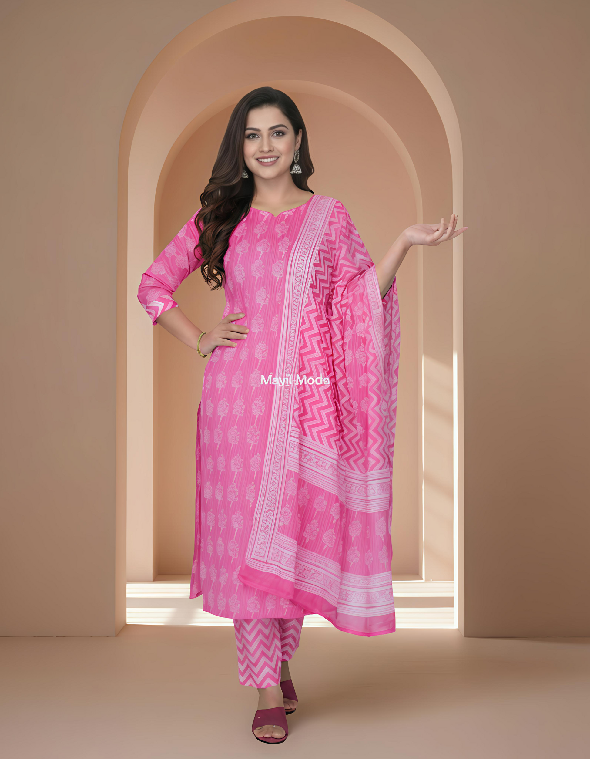Vibrant Pink Geometric & Floral Print Cotton Kurti Set with Dupatta full image