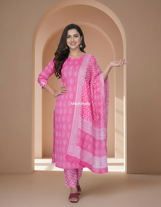 Vibrant Pink Geometric & Floral Print Cotton Kurti Set with Dupatta full image