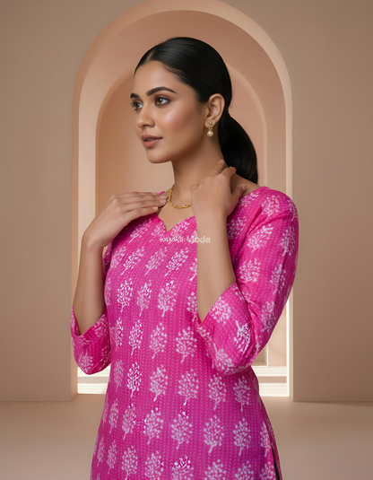 Vibrant Pink Geometric & Floral Print Cotton Kurti Set with Dupatta neck image