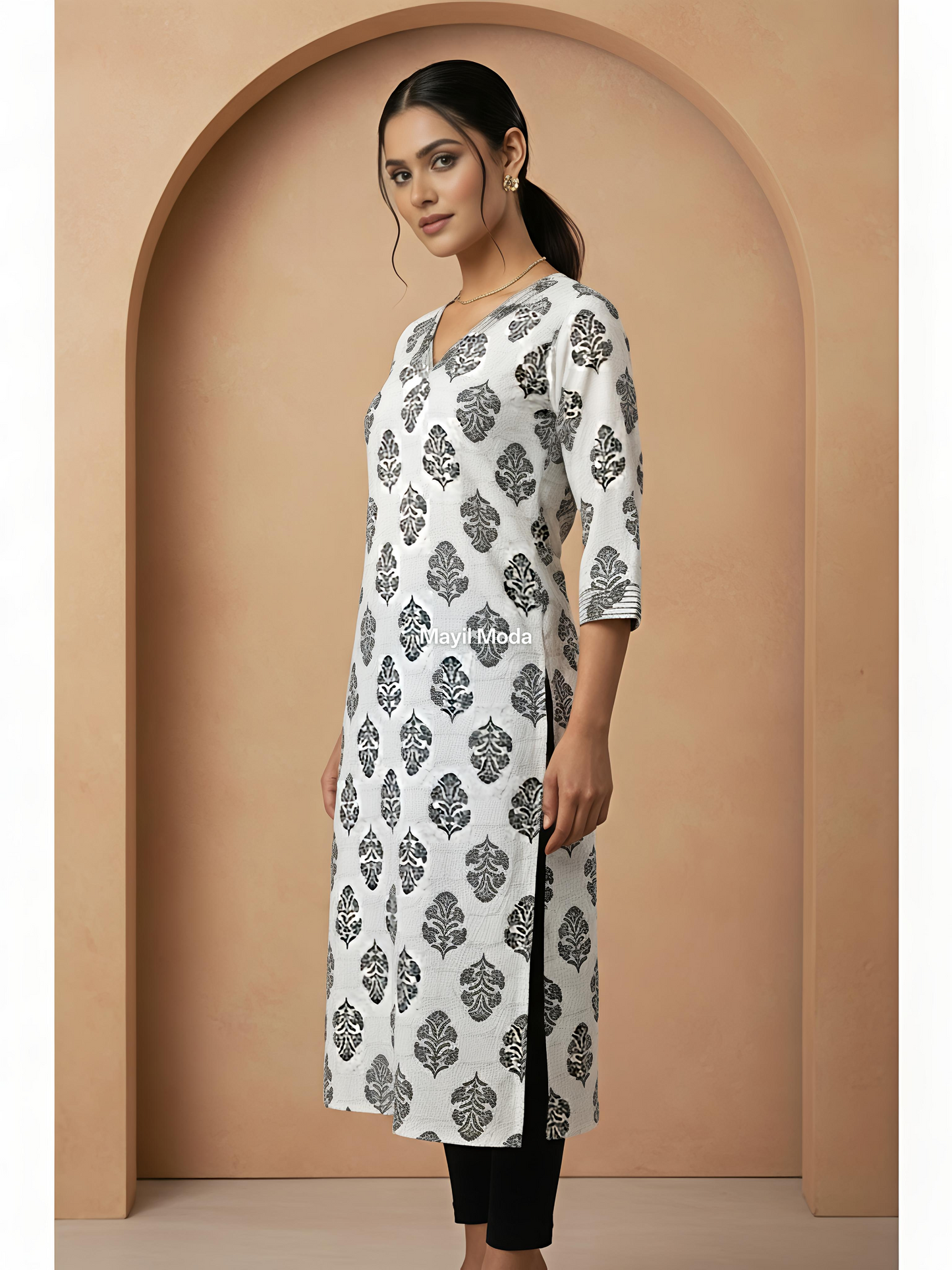 Monochrome V-Neck Cotton Block Print Kurti - Breathable Daily Wear (No Lining)