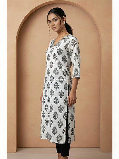 Monochrome V-Neck Cotton Block Print Kurti - Breathable Daily Wear (No Lining)