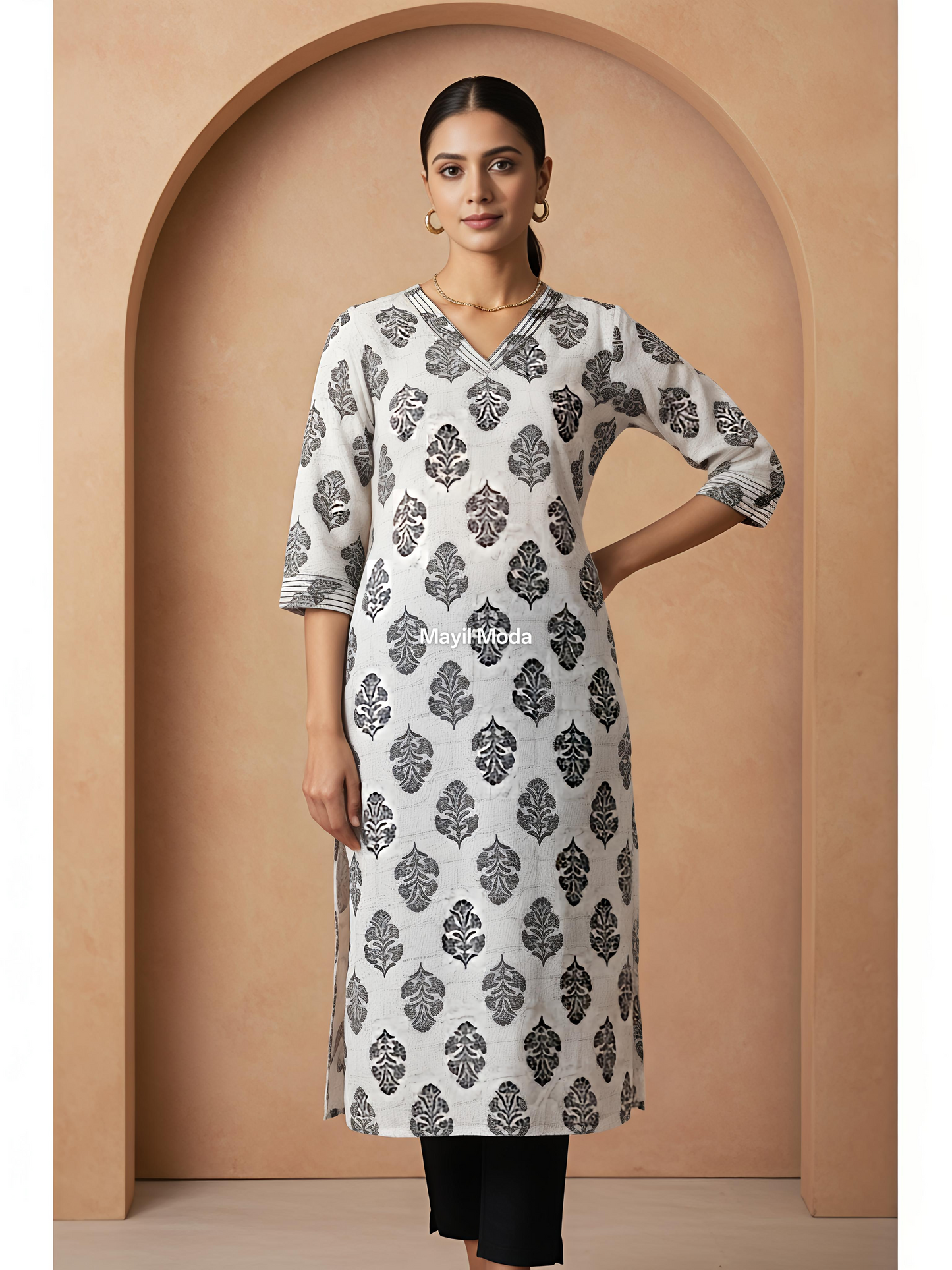 Monochrome V-Neck Cotton Block Print Kurti - Breathable Daily Wear (No Lining)