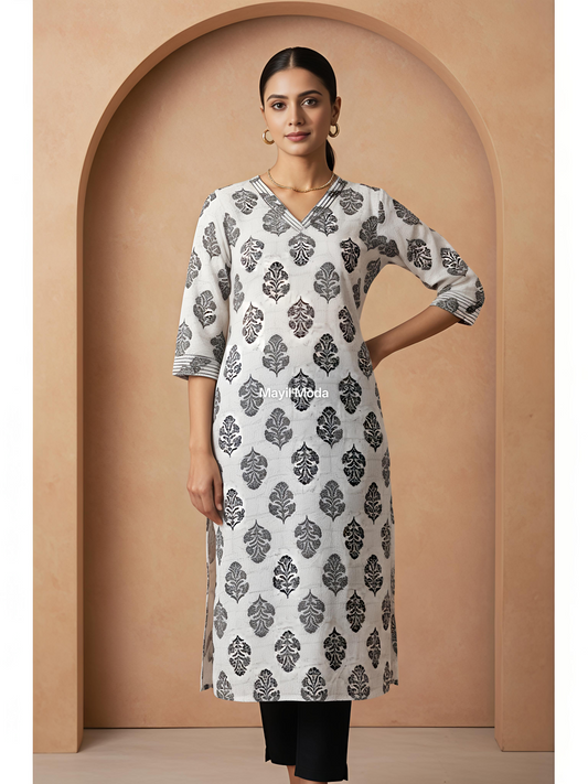 Monochrome V-Neck Cotton Block Print Kurti - Breathable Daily Wear (No Lining)