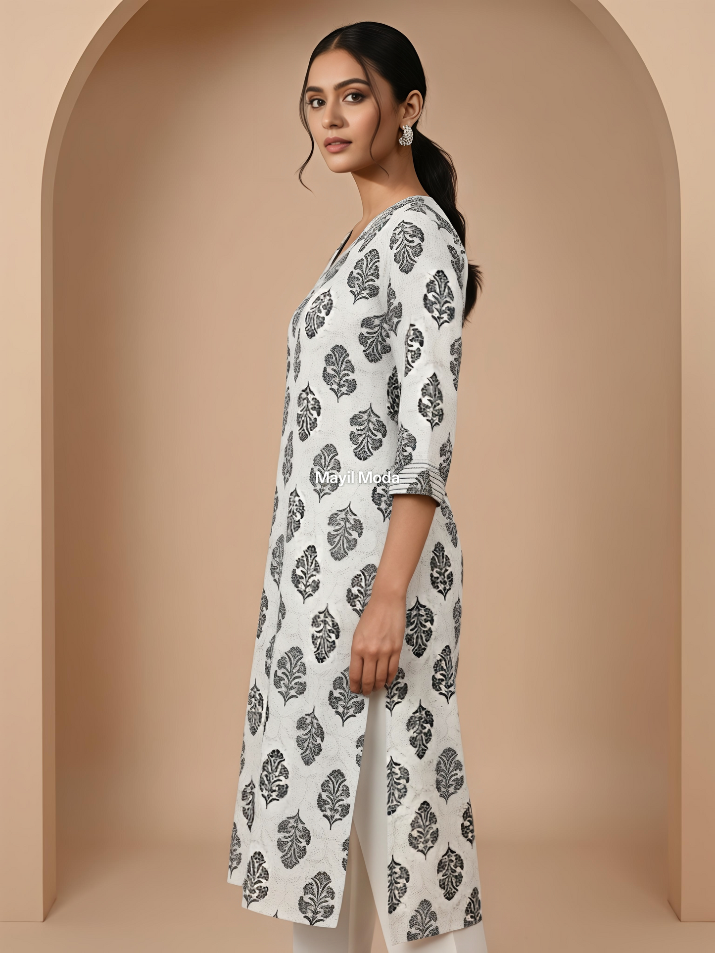 Monochrome V-Neck Cotton Block Print Kurti - Breathable Daily Wear (No Lining)